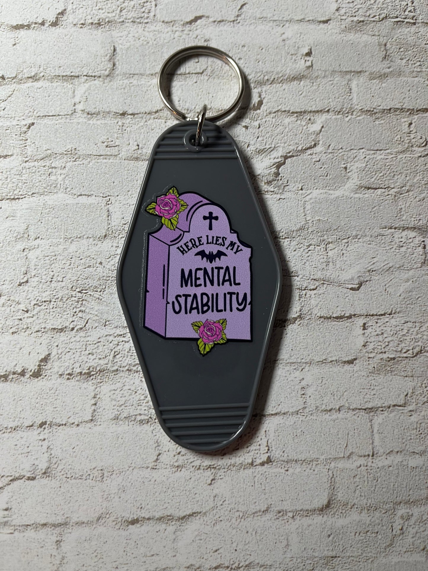 “Here Lies My Mental Stability” headstone keychain