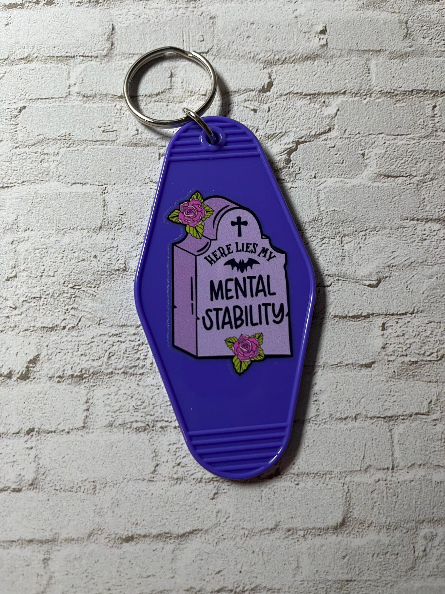 “Here Lies My Mental Stability” headstone keychain